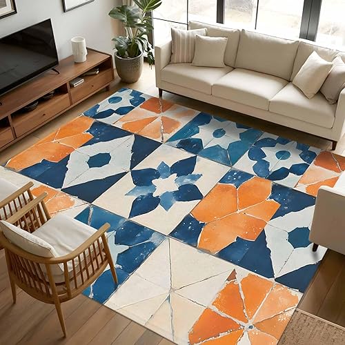 Miniatura 11 de 6ft Round Rug, Abstract Blue Non-Skid Rubber Backing Large Area Rugs - Living Room Bedroom Home Office, Orange Color Block Retro Watercolor Boho