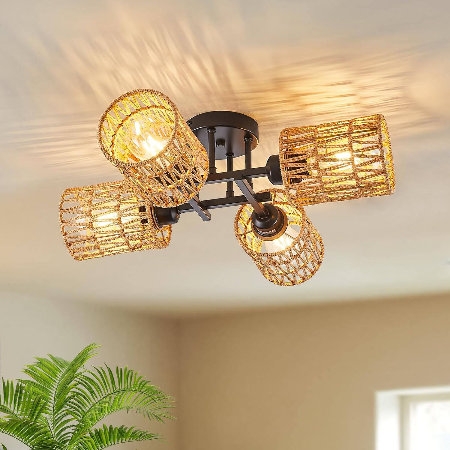 Rattan Flush Mount Ceiling Light,4 Lights Boho Hand-Woven Chandelier, Wicker Bamboo Black Ceiling Light Fixture for Nursery Coastal Dining Room, E26