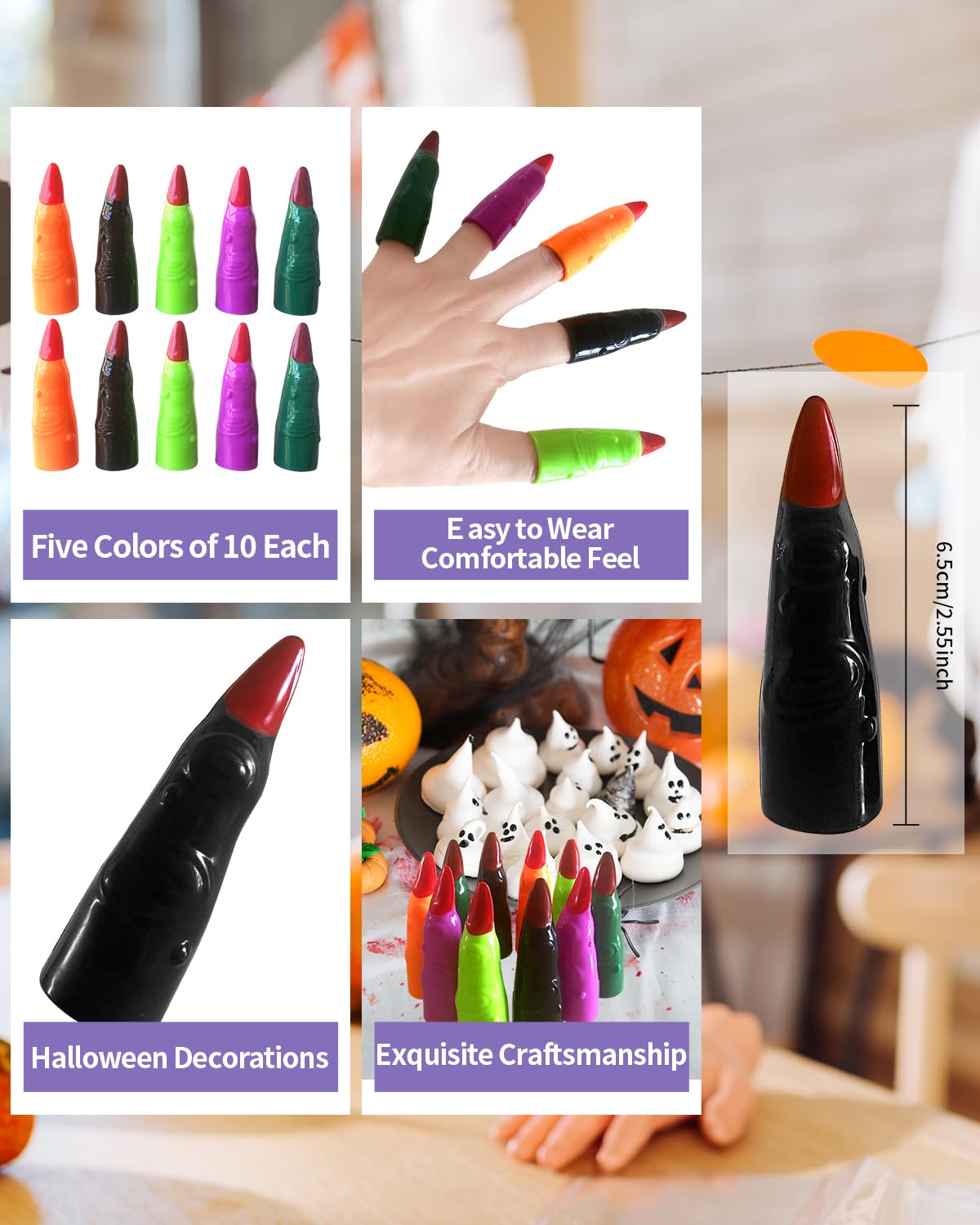 Halloween Witch Finger Prosthetics - 50 Pieces Colorful Plastic Fake Fingers, Suitable for Parties, Role-Plays & Festivals