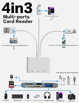 4in1 OTG Adapter, Flash Drive & TF/SD Card Reader for iPhone - Triple USB-C/A/Lightning SD Card Reader with SD/TF Slots & USB-C Charge+Data & USB Female to Transfer Photos from Digital Camera to Phone