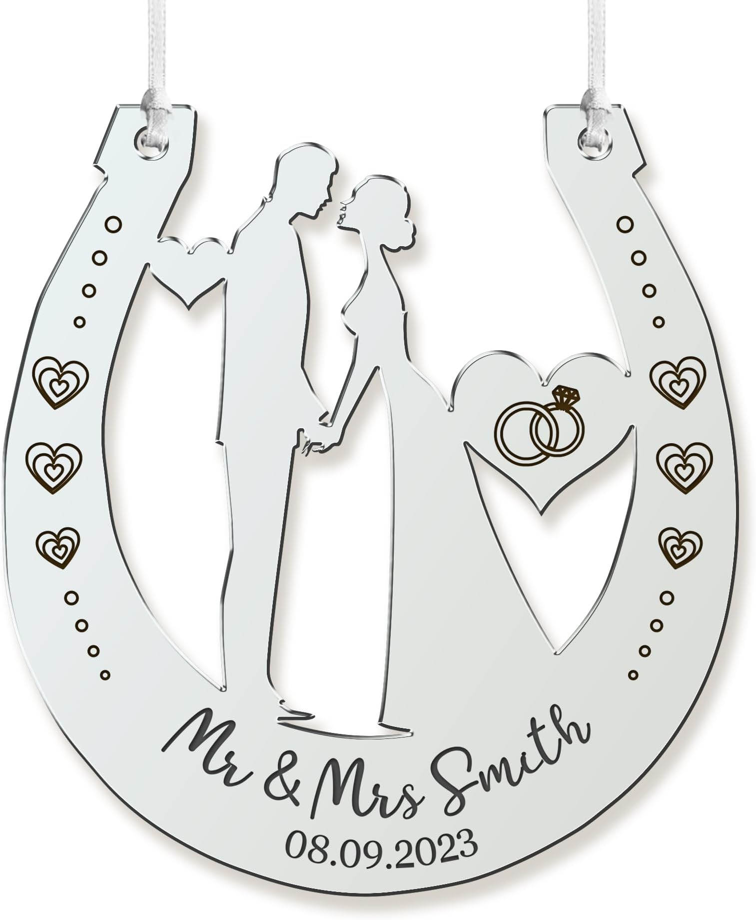 Personalised Wedding Horseshoes Horse Shoe Wedding Gift for Bride Mirrored Acrylic Horseshoe Mr & Mrs Wedding Bridal Good Luck Horseshoe Gift Engagement New Couple Gift(Silver Design 3)