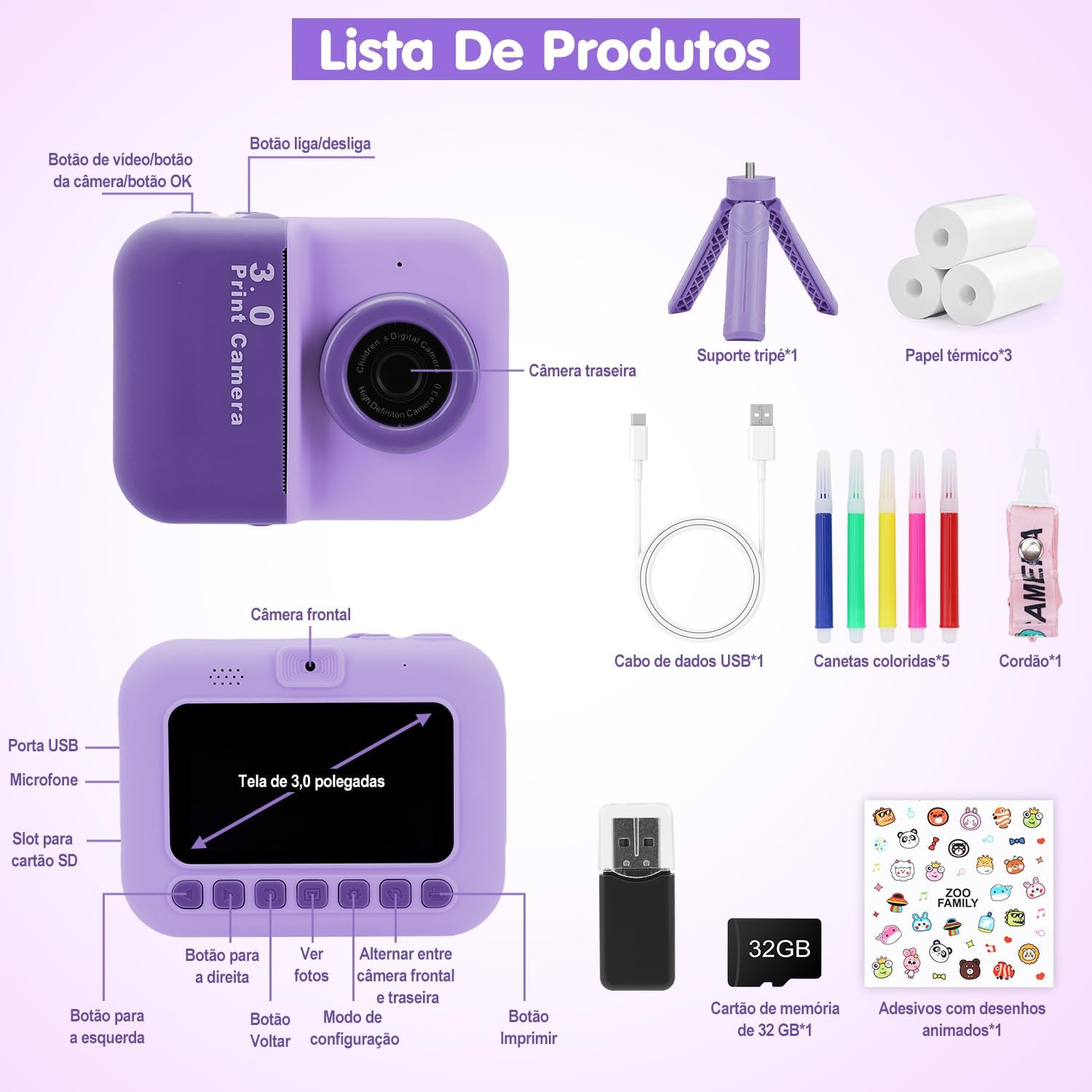 Câmera Infantil, Impressora Instantânea de Sem Tinta, Com Suporte Triângulo, Selfie, com Flash 32GB Cartão, Vídeo HD, Brinquedos Meninas Meninos com Crianças de 3 a 14 Anos (Roxa) Câmera Infantil, Impressora Instantânea de Sem Tinta, Com Suporte Triângulo, Selfie, com Flash 32GB Cartão, Vídeo HD, Brinquedos Meninas Meninos com Crianças de 3 a 14 Anos (Roxa)