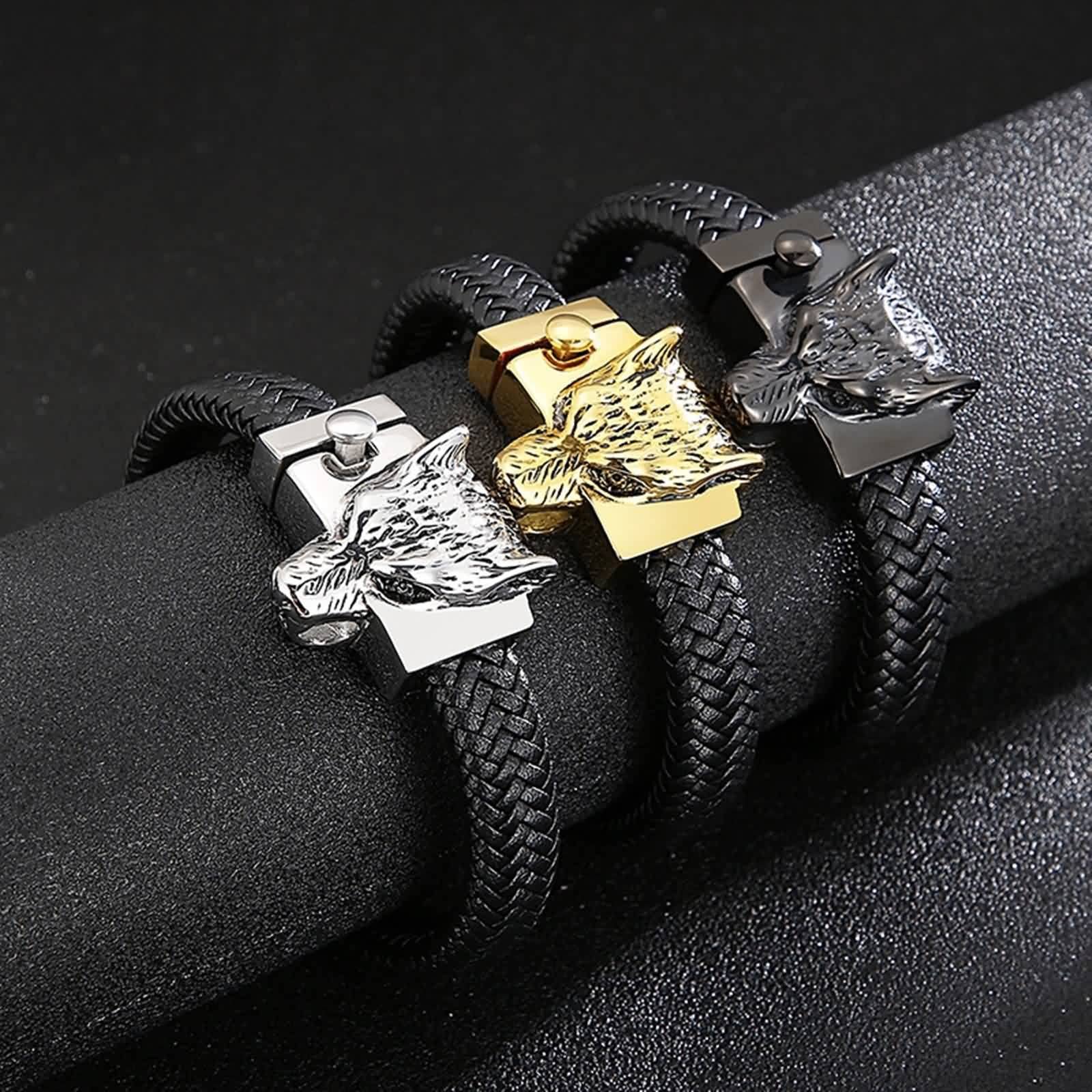 Bracelet Moderne, Bracelet Homme Loup Acier Inoxydable Cuir Tête de Loup de Mode Cool Bijoux Cadeau