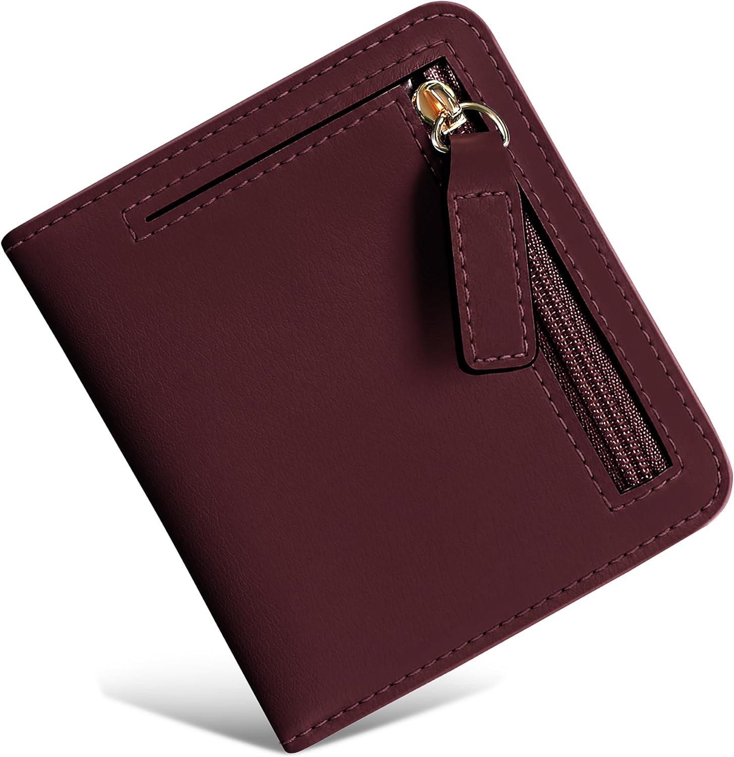 Small Wallet Women RFID Blocking Leather Bifold Compact Card Holder Wallet for Women With Zipper Coin Pocket ID Window (Wine Red)