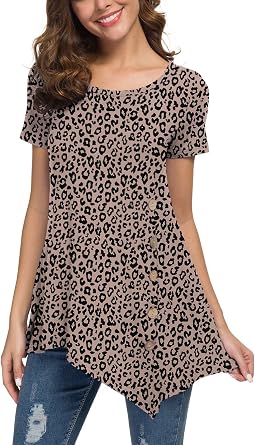 Jouica Womens Short Sleeve Casual Scoop Neck Button Side Shirt Blouse Tunic Top
