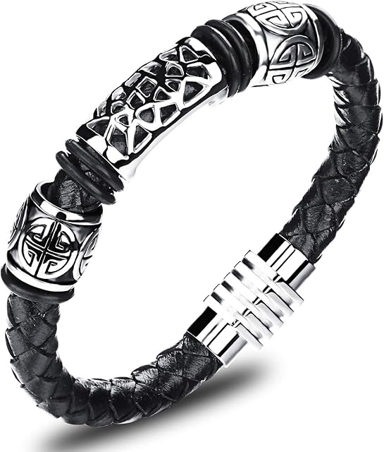 starchenie Men's Genuine Leather Bracelet Classic Stainless Steel Pattern Woven Leather Bracelet with Magnet Clasp 8.07 '' (20.5cm)