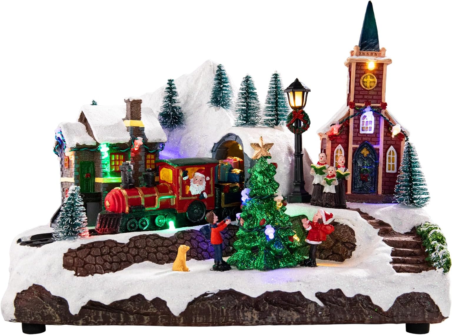 MUMTOP Christmas Village Houses Building, Colourful LED Lights Light Up Churches and Train Moving, Musical Home Tabletop Decoration Xmas Gifts