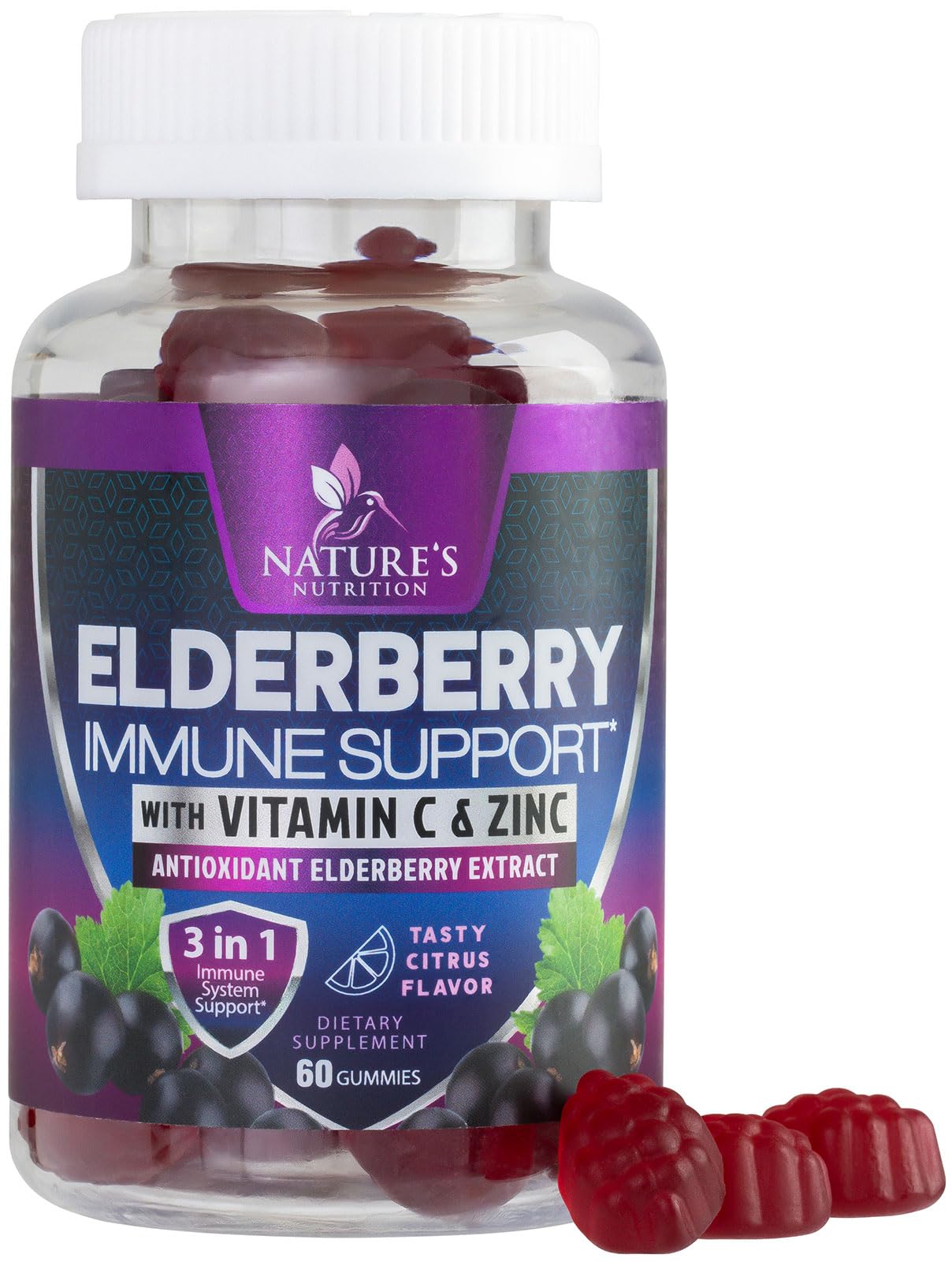 Elderberry Immune Support Gummies - 3X Strength Sambucus Elderberry Gummy with Vitamin C, D3 & Zinc - Nature’s Black Elderberry Extract - Immune