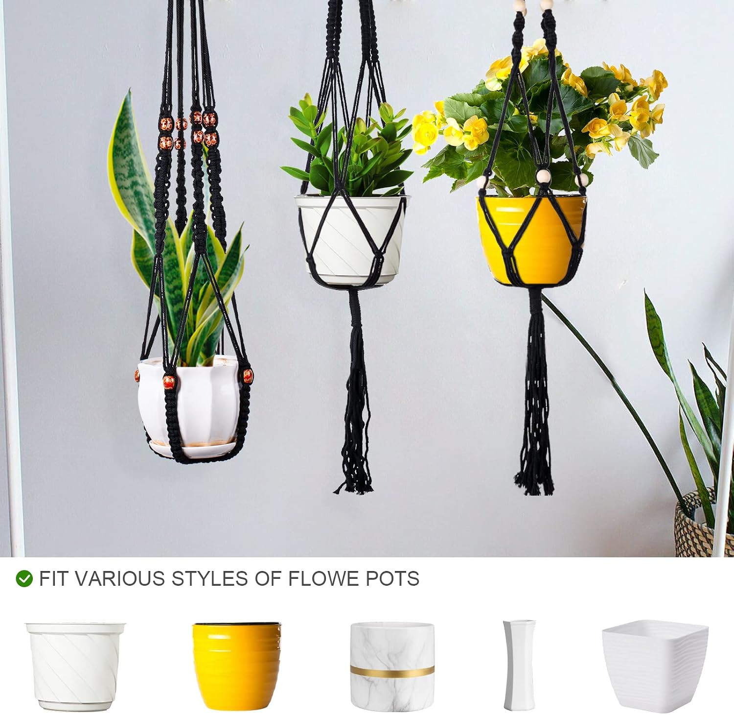 5 Pack Macrame Plant Hanger with 5 Ceiling Hooks Hanging Planter Indoor Outdoor Hanging Plant Holder for Home Decorative Bohemian Plant Hangers