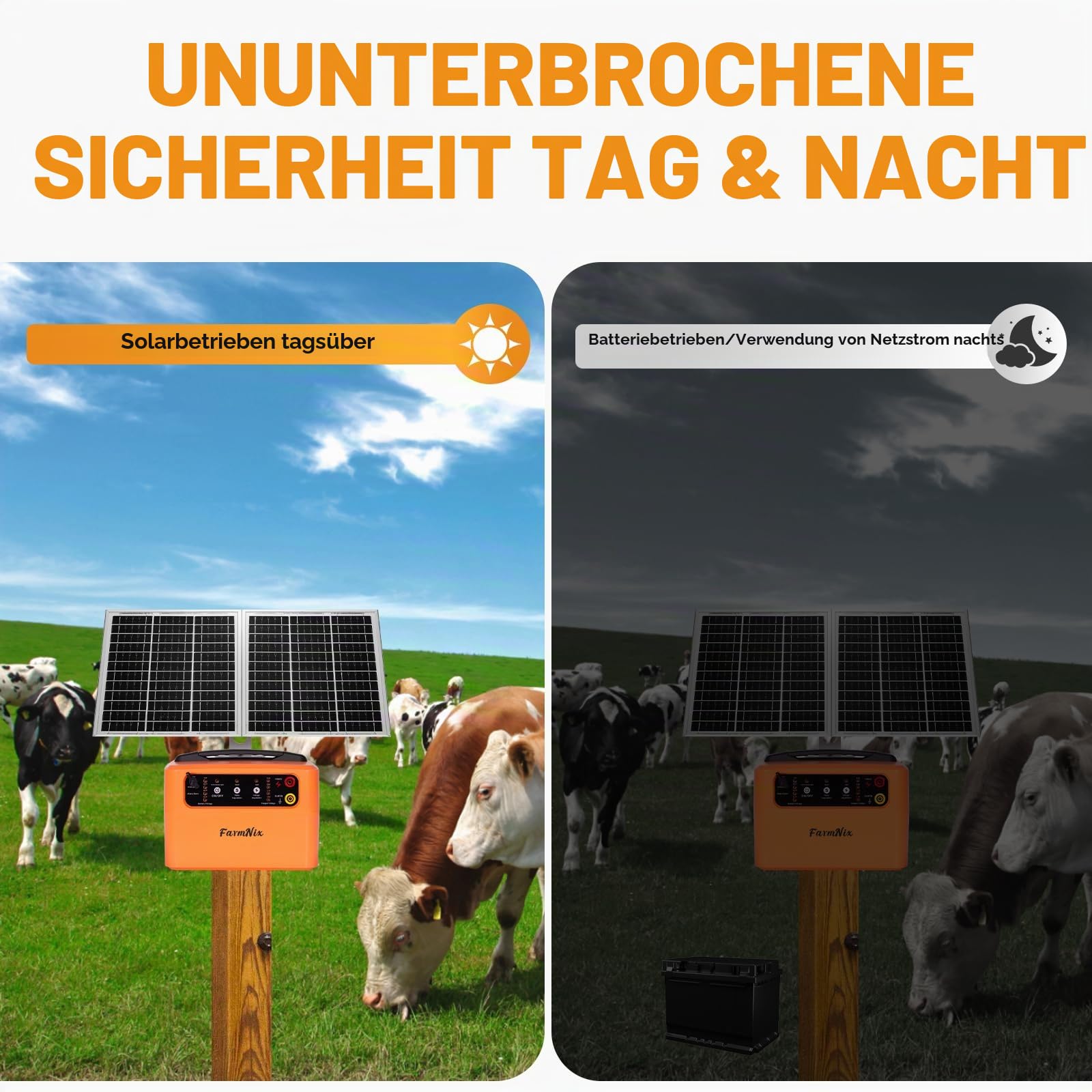 Weidezaungerät Solar 12V, Elektrozaungerät 0.3-1.5J, 6KV-12KV | bis 48KM Reichweite, inkl. 15W Solarpanel & 12V 7Ah Akku, für Rinder, Pferde, Schafe, Hunde & Geflügel