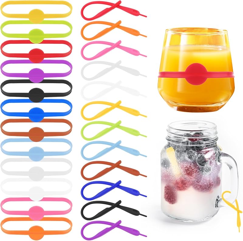 Paquete de 24 bandas de marcadores de bebidas de silicona, marcadores de bebidas estirables, marcadores de copas de vino, etiquetas de tiras para botellas, marcadores de tazas, etiquetas para bebidas de fiesta, para vasos, botellas de cerveza, tazas, tarros, copas de cóctel