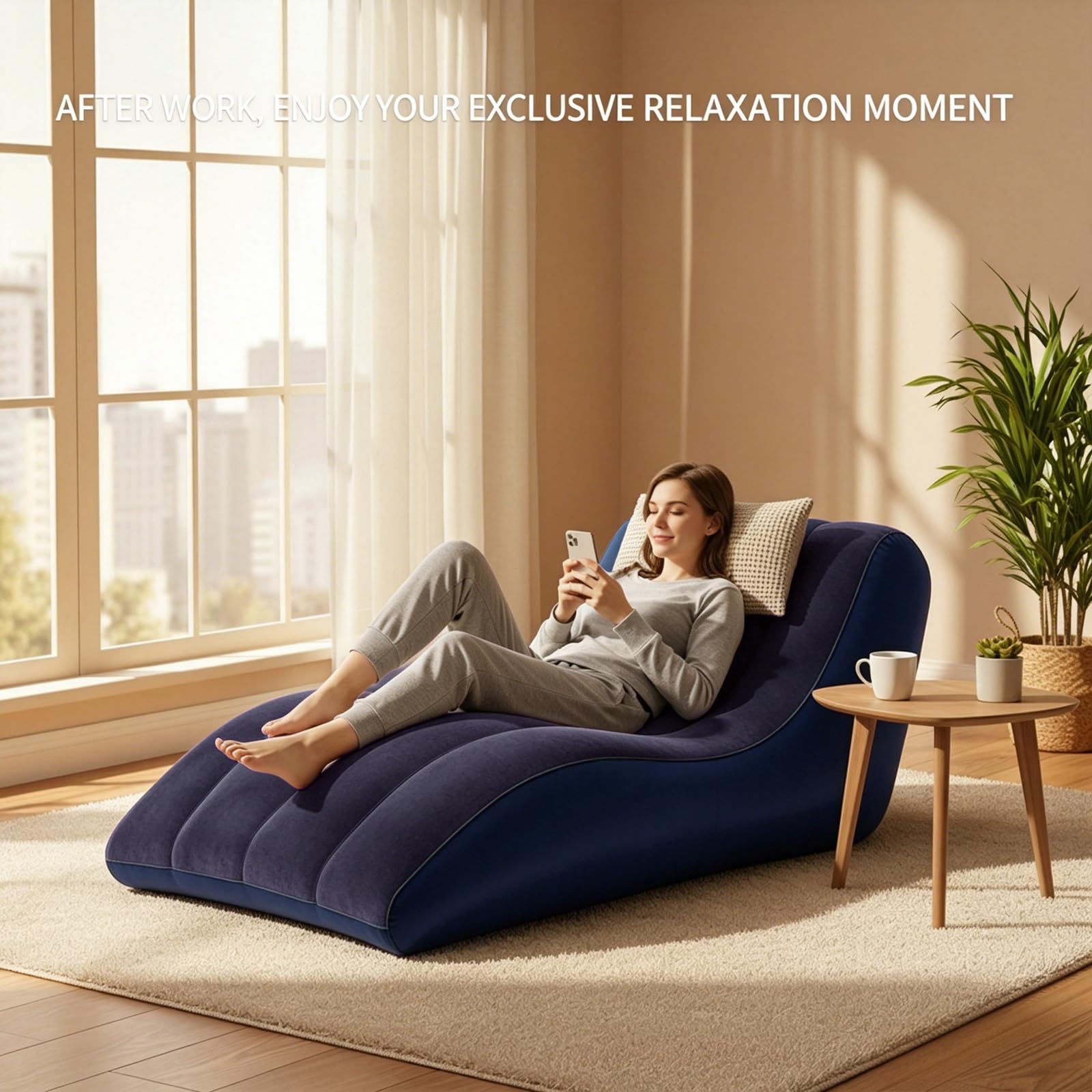 Sofá hinchable, sofá hinchable con bomba de pie, sofá de camping portátil, superficie flocada, sofá impermeable hinchable para exteriores, interior, piscina (azul)
