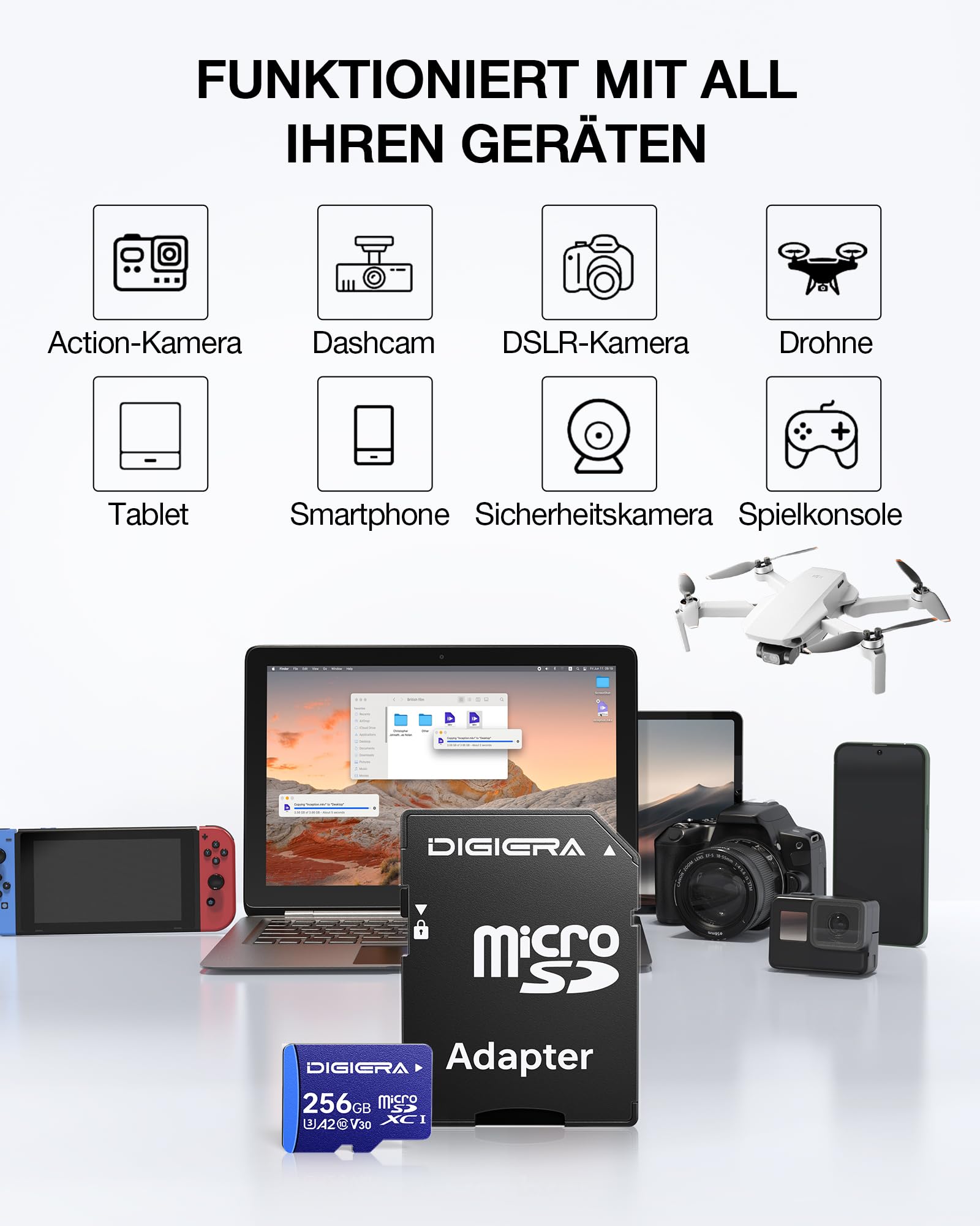 256 GB LT100 microSDXC UHS-I Speicherkarte mit Adapter - bis zu 170 MB/s, C10, U3, V30, Full HD, A2, Micro-SD-Karte für Smartphones, Tablets, Kameras, Spielekonsolen und Drohnen (1 Stück)