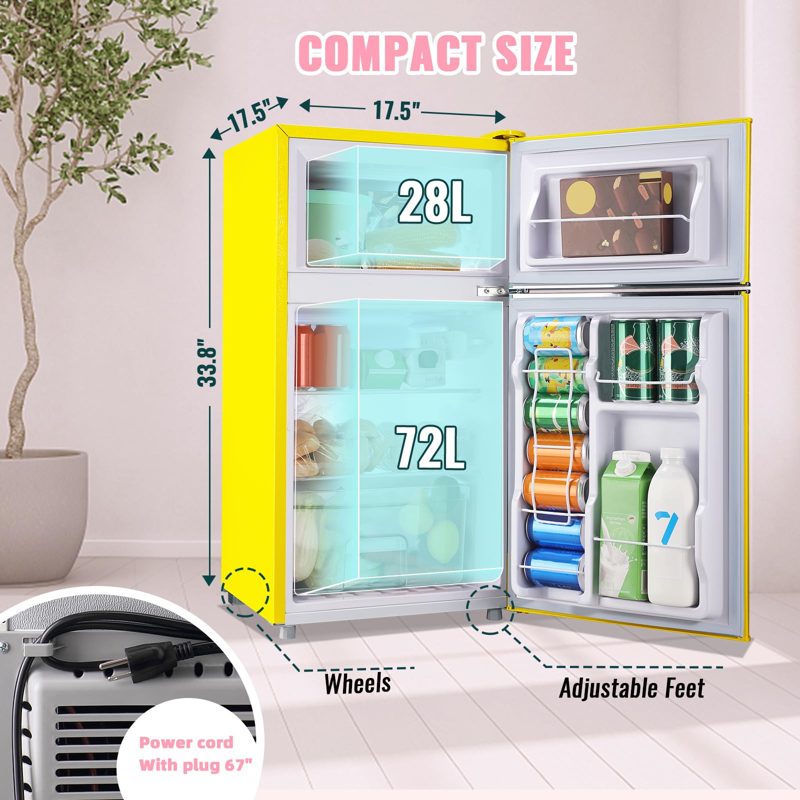 WANAI 3.5 Cu.Ft Small Refrigerators Retro Mini Fridge With Freezer Yellow Full-Sized Fridge Dual Door Dual Handle Classic Removable Glass Shelves Adjustable Thermostat For Home Office Dorm RV on Fridge.com - View 3