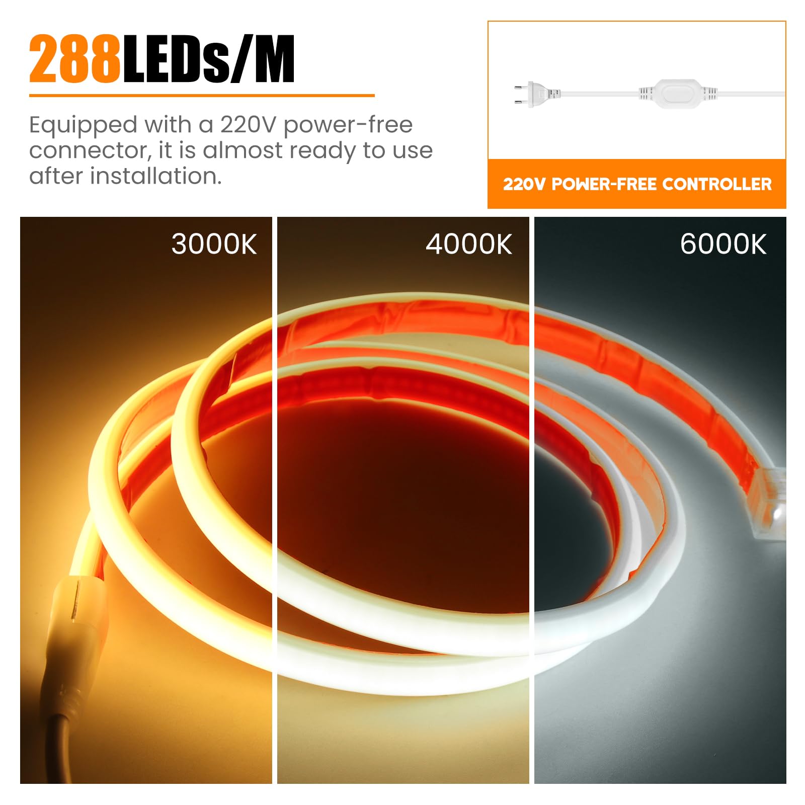 AC220-240V Dimmbar COB Neon LED Band 20M,Wasserdicht IP65 Warmweiß Neon LED Leuchtband Selbstklebend, 288LEDs/m Superhell FCOB Streifen(Schnitt alle 50cm) Flexible LED Strip für Weihnachten