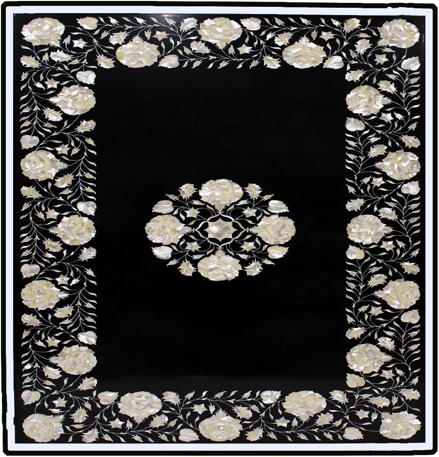 Black Marble Inlay Pietra Dura Coffee Table Top 15" inch ~Beautiful Floral White Flowers Designer Table Top Made for One Precious Stone The Taj Mahal Mughal & Pietra Dura Art Work for Gift Purpose