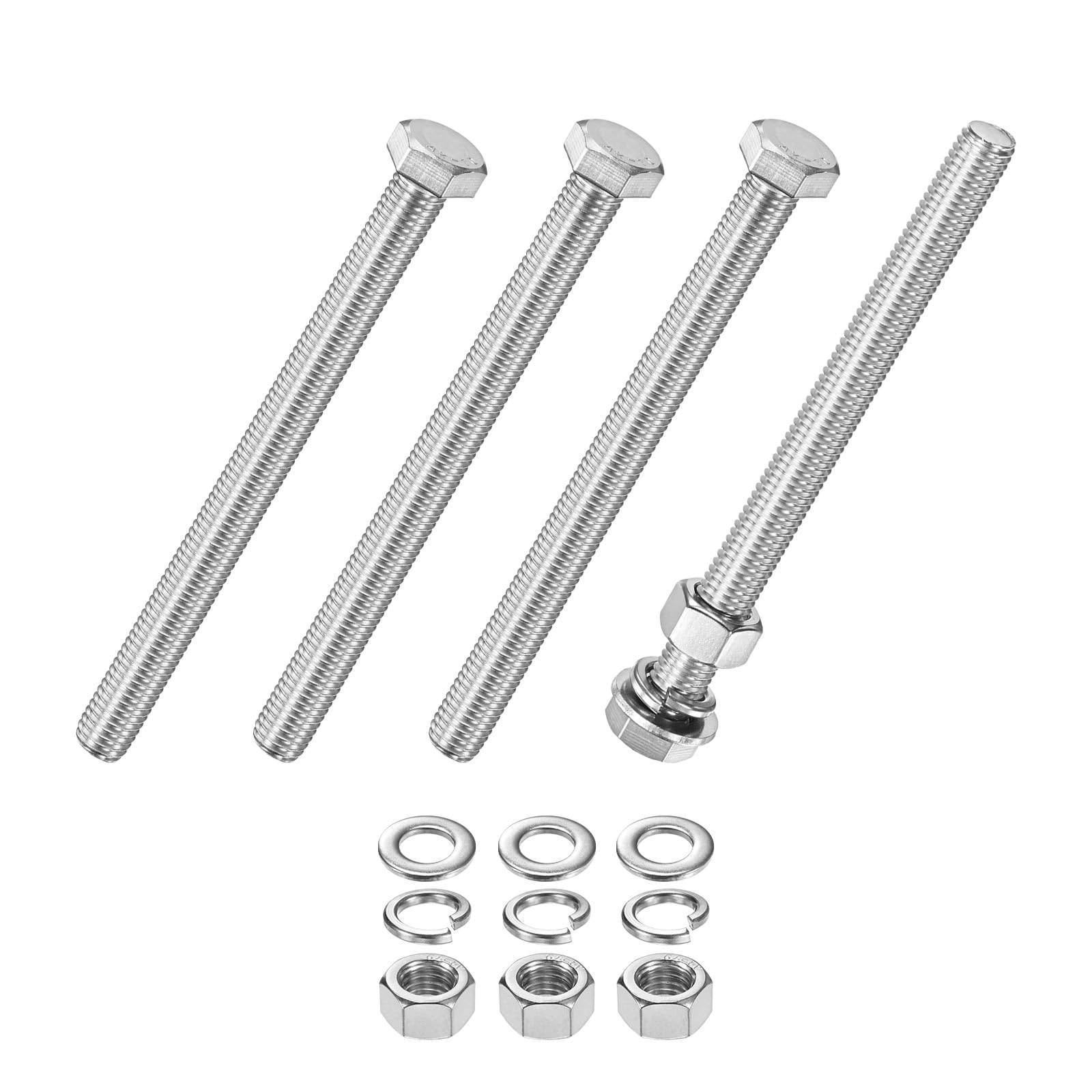 M METERXITY 4-Pack Hex Head Screw Bolt with Nuts Flat & Lock Washers M12x140mm Stainless Steel Bolts and Nuts Kit Fully Threaded Metric Bolt Assortment for Equipment/Machinery — image 1