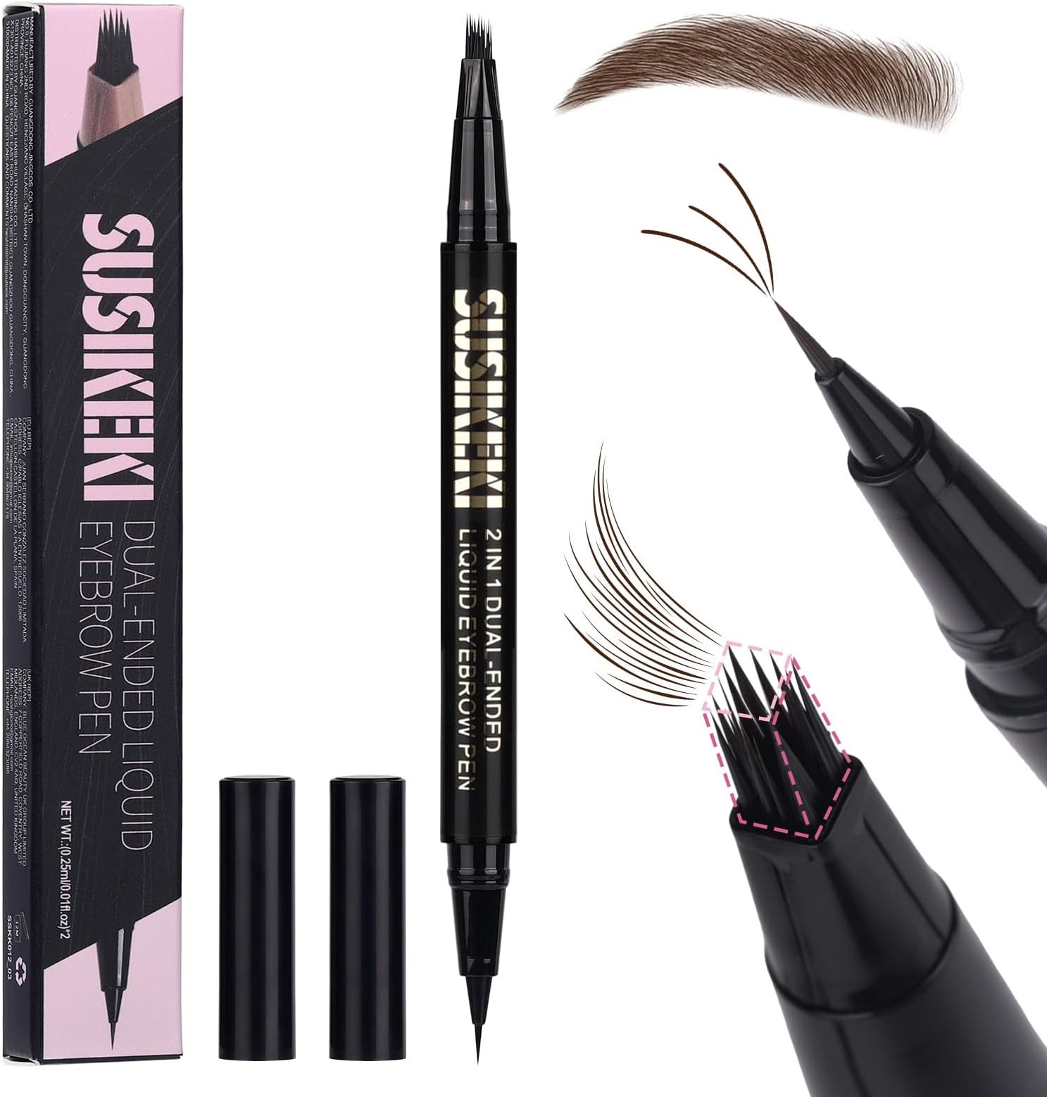 SUSIKEKI Dual Ended Microblading Eyebrow Pen - 2 in 1 Liquid Eyebrow Pencil with Brow-Fection Angled Brush & Precise Detail Brush-Tip, Shapes & Fills Hair-Like Brows, Lasts All-Day, Black Brown