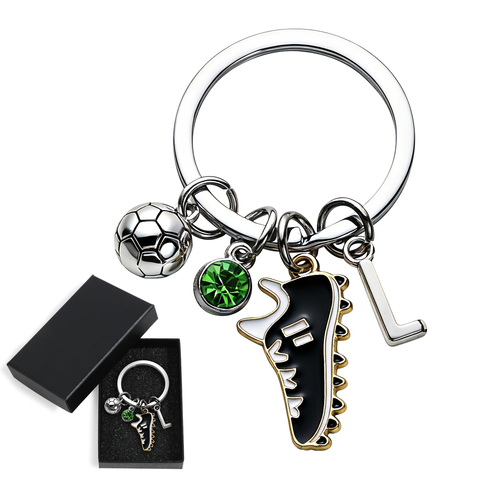 DOORIO Football Keyring, Sliver Initials Keyring with Rhinestone Football Boot & Ball Charms Keychain for Boys Girls Football Lovers Keyring Gifts (L)