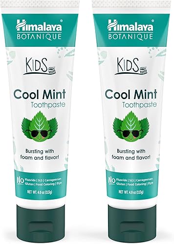 Himalaya Botanique - Pasta de dientes para niños, a base de hierbas, sabor a menta fresca, combate la placa, libre de flúor y SLS, suave, sin