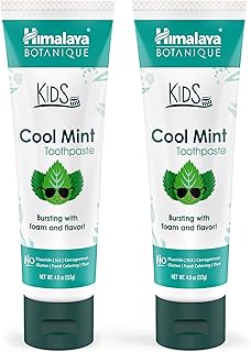Himalaya Botanique Kids Toothpaste, Herbal, Cool Mint Flavor, Fights Plaque, Fluoride Free, Gentle, No Artificial Flavors or Colors, SLS Free, Gluten Free, Cruelty Free, Vegan, Foaming, 4 Oz, 2 Pack