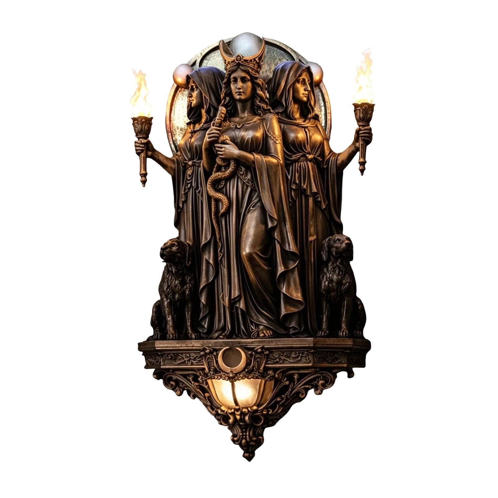 Triple Goddess Hecate Sculpture Wall Lamp, Gothic Cordless LED Wall Sconce, Vintage Magic Statue Light with Torches & Dogs, Mystical Wall Art Decor for Living Room Bedroom