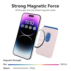 Amzone Magnetic Mag-safe Wallet Cell Phone Card Holder for Phone Case with Mag-Safe, Stronger Magnetic RFID Leather Phone Wallet Stick on Series of iPhone 15/14/13/12 and Pro/Promax, Light Pink