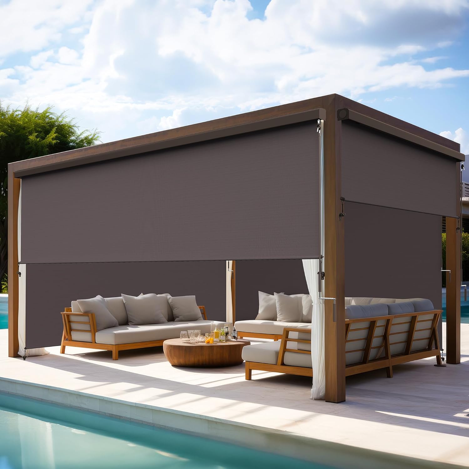 Outdoor Roller Shades for Patio with Valance, New Material Shade Cloth with 95% UV Blockout, Cordless Outdoor Shade with Crank Handle for Balcony Patio Porch, (4'W X 6'H), Brown