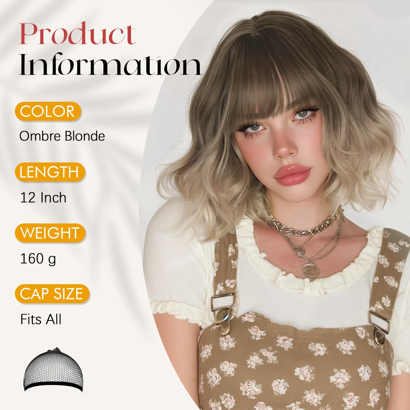 Parrucca Bob Ondulata 30 cm Ombra bionda Sintetica Resistente al Calore per Donna Cosplay