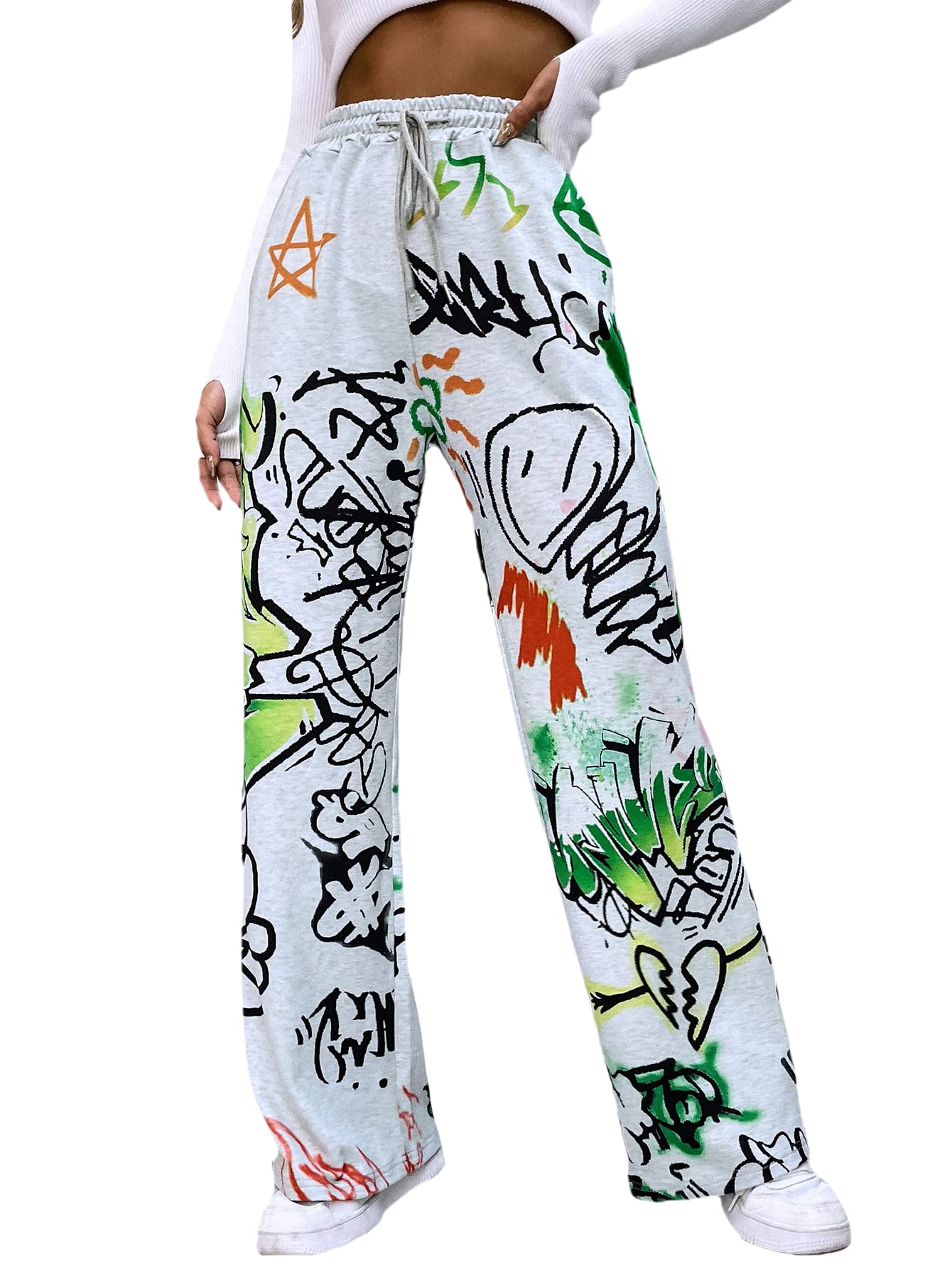 WDIRARAWomen's Graffiti Letter Graphic Print Drawstring Elastic Waist Sweatpants Jogger Pants with Pocket