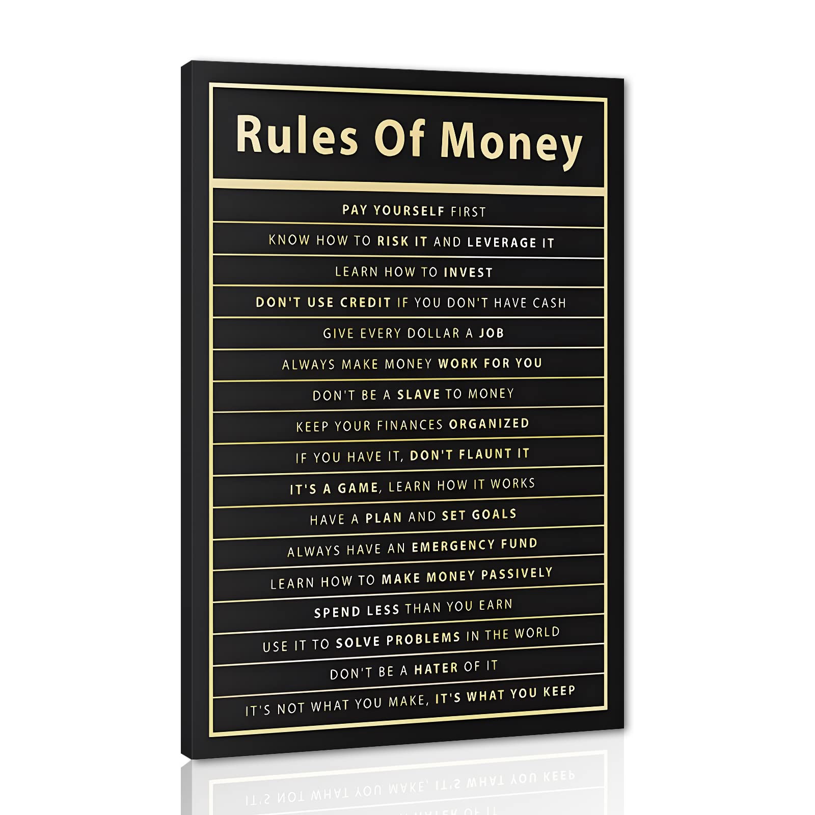 Rules Of Money Motivational Wall Art Canvas Print Office Decor Financial Poster Entrepreneur Millionaire Inspirational Quote Framed Easy to Hang-12 inch x 16 inch