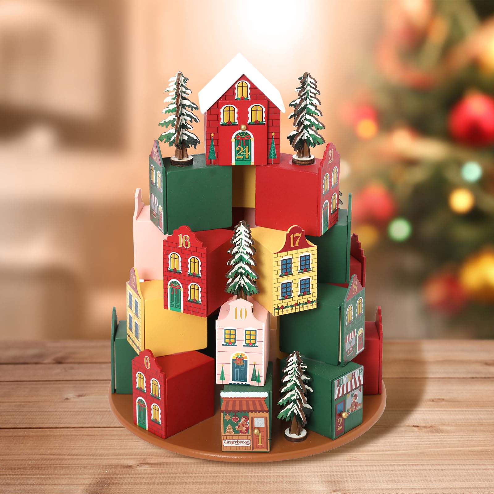 PE 3D Holz-Adventskalender als Weihnachtsdorf, 24 Schubladen zum Befüllen | Holz, 26,6 x 26,6 x 32 cm, 24 nummerierte Schubladen, Weihnachtsdorf-Dekoration, jährlich neu befüllbar