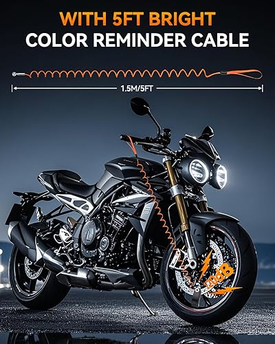 Miniatura 9 de ONVIAN Candado de motocicleta recargable con cable antirrobo de alambre de acero de 6 pies, alarma de motocicleta de 120 dB con modo de reposo, para