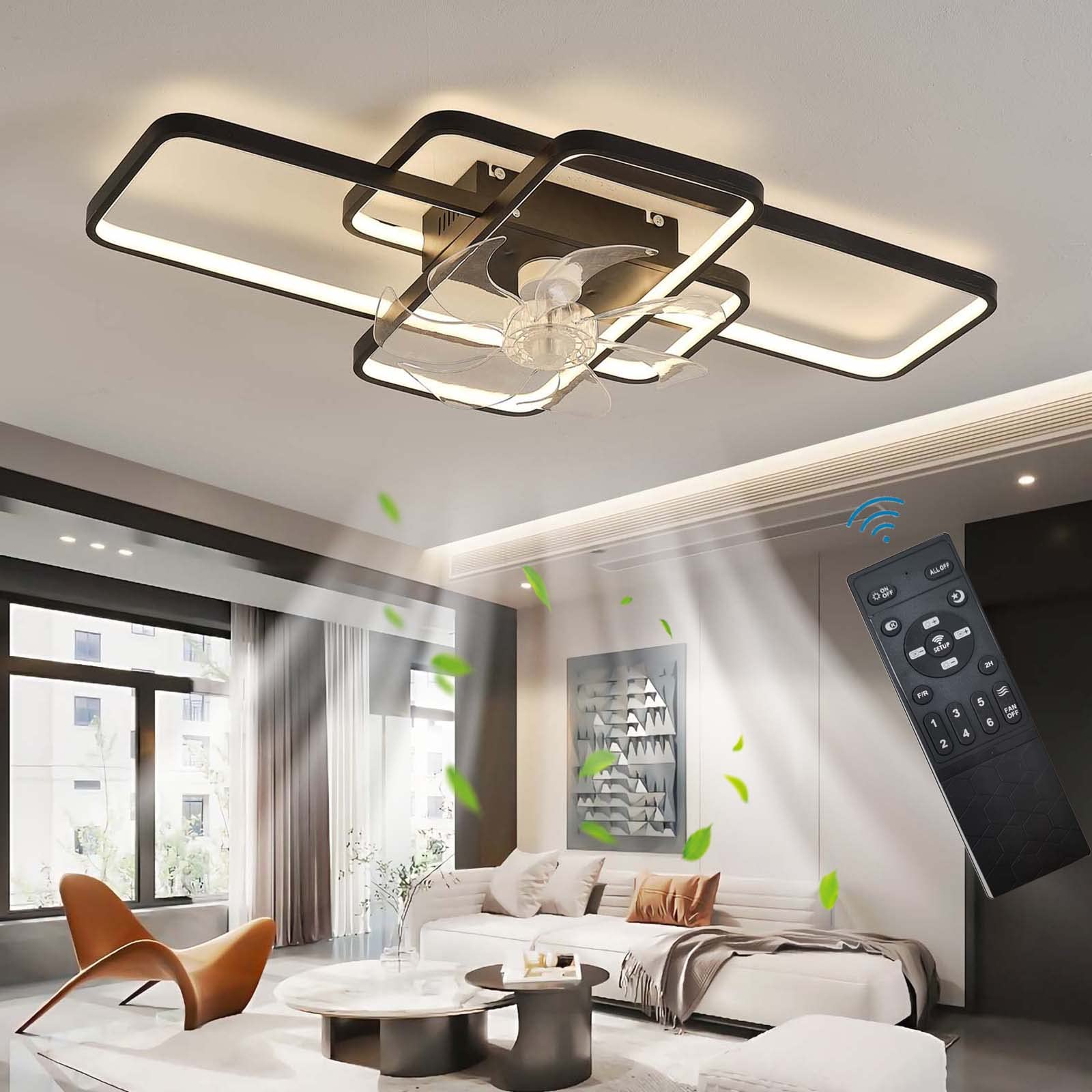 OMGPFR Quiet Ceiling Fans with Lights and Control Remote, 6 Speeds Reversible, Modern Bedroom Fan Ceiling Light LED 80W Dimmable Ceiling Fan Light for Living Room Kitchen, Black 103CM