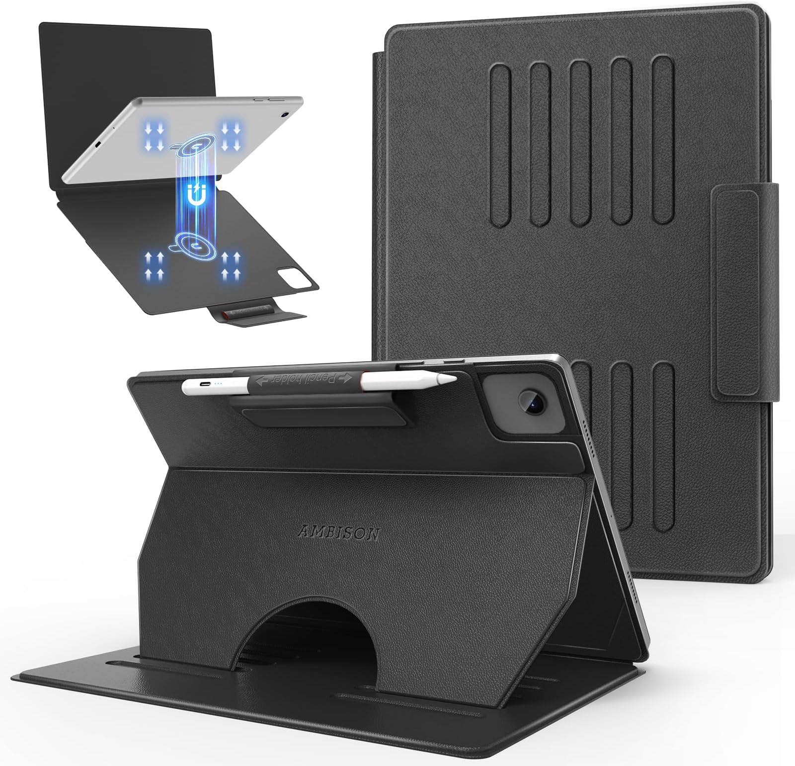 Ambison 9.5"-10.5" Universal Tablet Magnetic Leather Case, Foldable Protective Cover for 9.5 9.7 10.1 10.2 10.5 Inch Android Touchscreen Tablet, Support Multiple Viewing Angles, Pencil Holder -Black