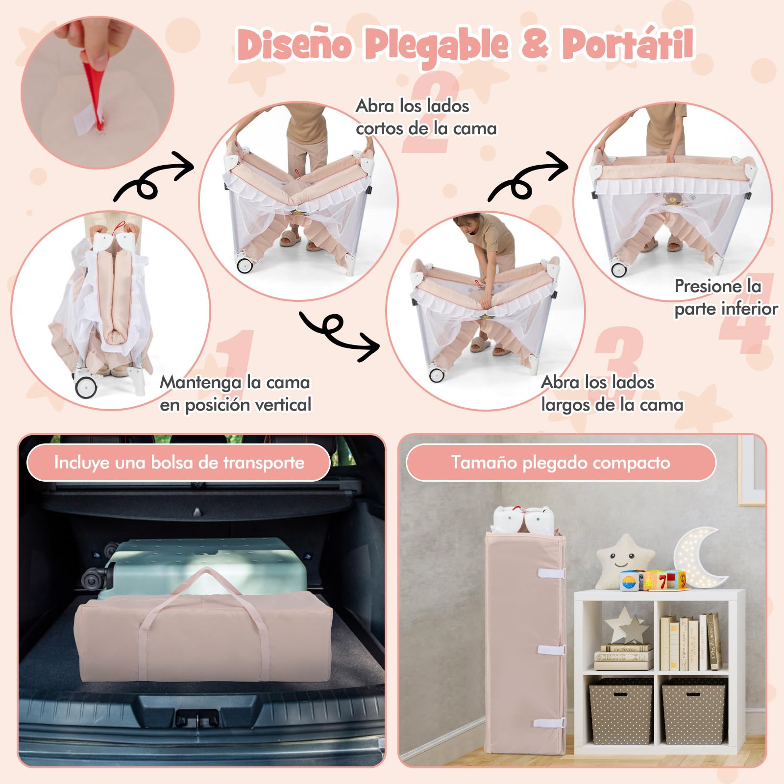 COSTWAY 4 en 1 Cuna Portátil, Moisés Convertible con Cambiador Desmontable, Cama Cuna Plegable con Red Desmontable y Ruedas Bloqueables, Caja de Música y Juguetes Giratorios,Bolsa de Transporte (Rosa)