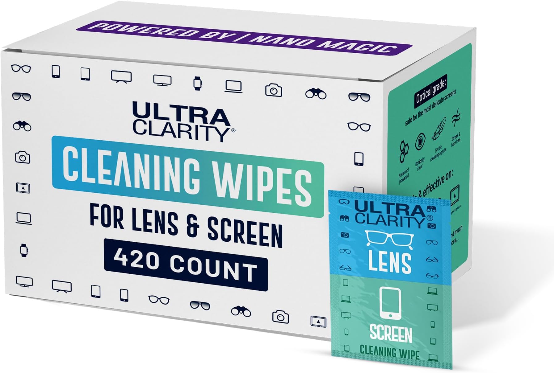 Ultra ClarityEyeglass Lens Cleaning Wipes 420-Pack, Moist Towelettes, Glasses, Phone & Electronic Screens, Optic Surfaces, Ideal on Coated Surfaces, Silicone-Free, Safe Professional Grade Formula