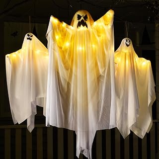 JOYIN 3 Pcs Halloween Light-up White Hanging Ghost, one 47", Two 35.4" Hanging Volant Ghost for Halloween Yard, Patio, Lawn, Garden, Halloween Indoor Outdoor Decoration, Party Supplies