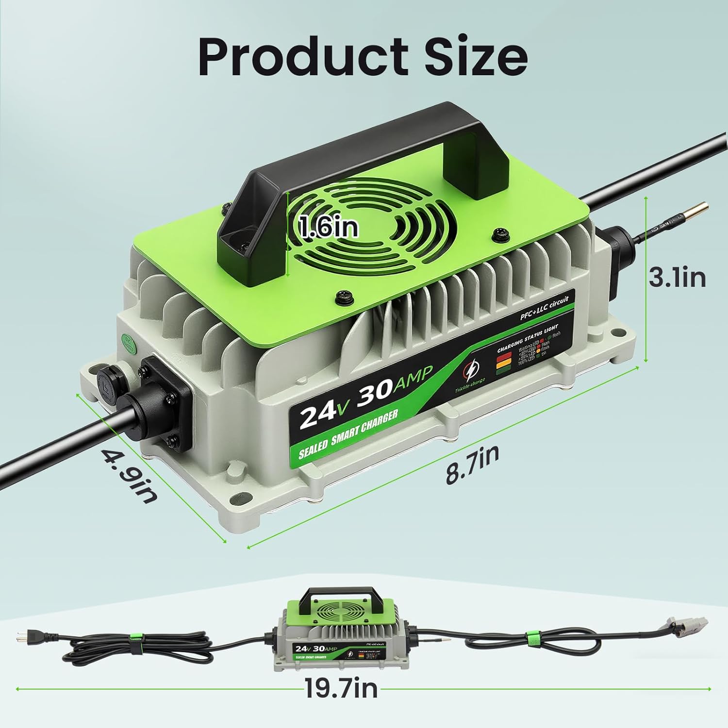 24V Lithium Battery Charger 30A LiFePO4 Charger 24 Volt Battery Charger for Forklift RV Boat Trolling Motor Solar System 1000W IP65 Waterproof with Cooling Fan Alligator Clips