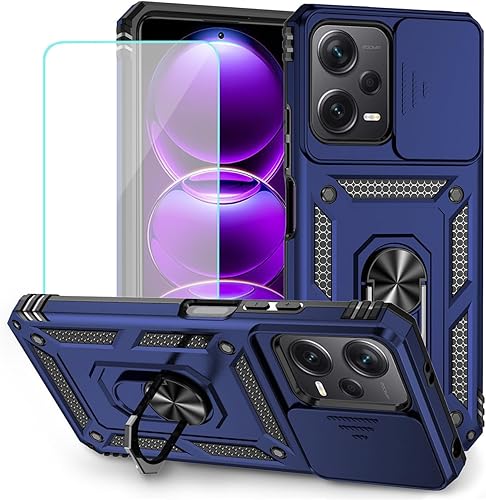 Vista 10 de Funda para Redmi Note 12 5G, Poco X5 5G 22111317PG Funda con protector de pantalla de vidrio templado y cubierta de cámara deslizante, soporte