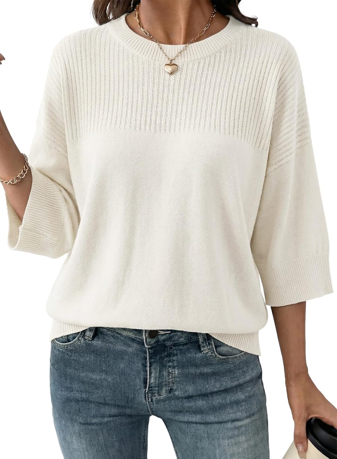 Dokotoo Womens Half Sleeve Casual Oversized Trendy Sweaters Crewneck Cropped Sweater Knit Tops