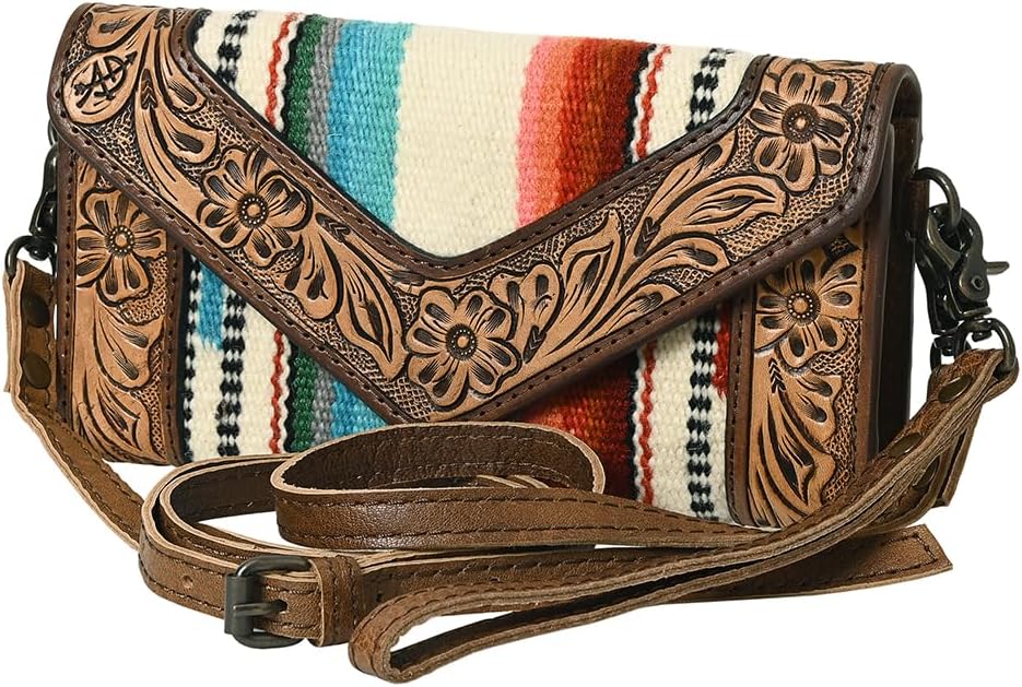 American Darling Envelope Western Hand Tooled Genuine Leather and Saddle Blanket Purse with Wristlet and YKK Zipper
