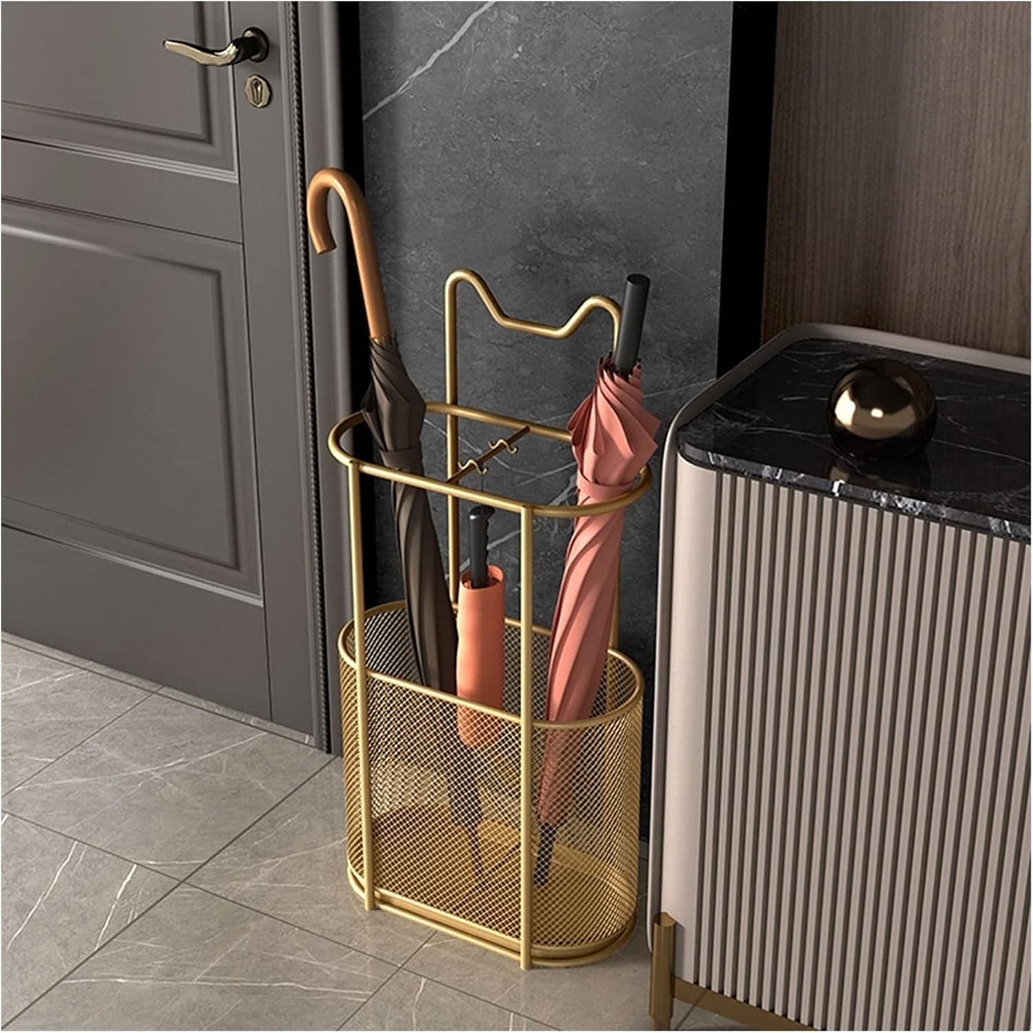 Racks Black Indoor Umbrella Holder, Elegant Corridor Entrance Decoration Family Umbrella Basket, Cane Cue Scroll Storage Basket (Color : Black)