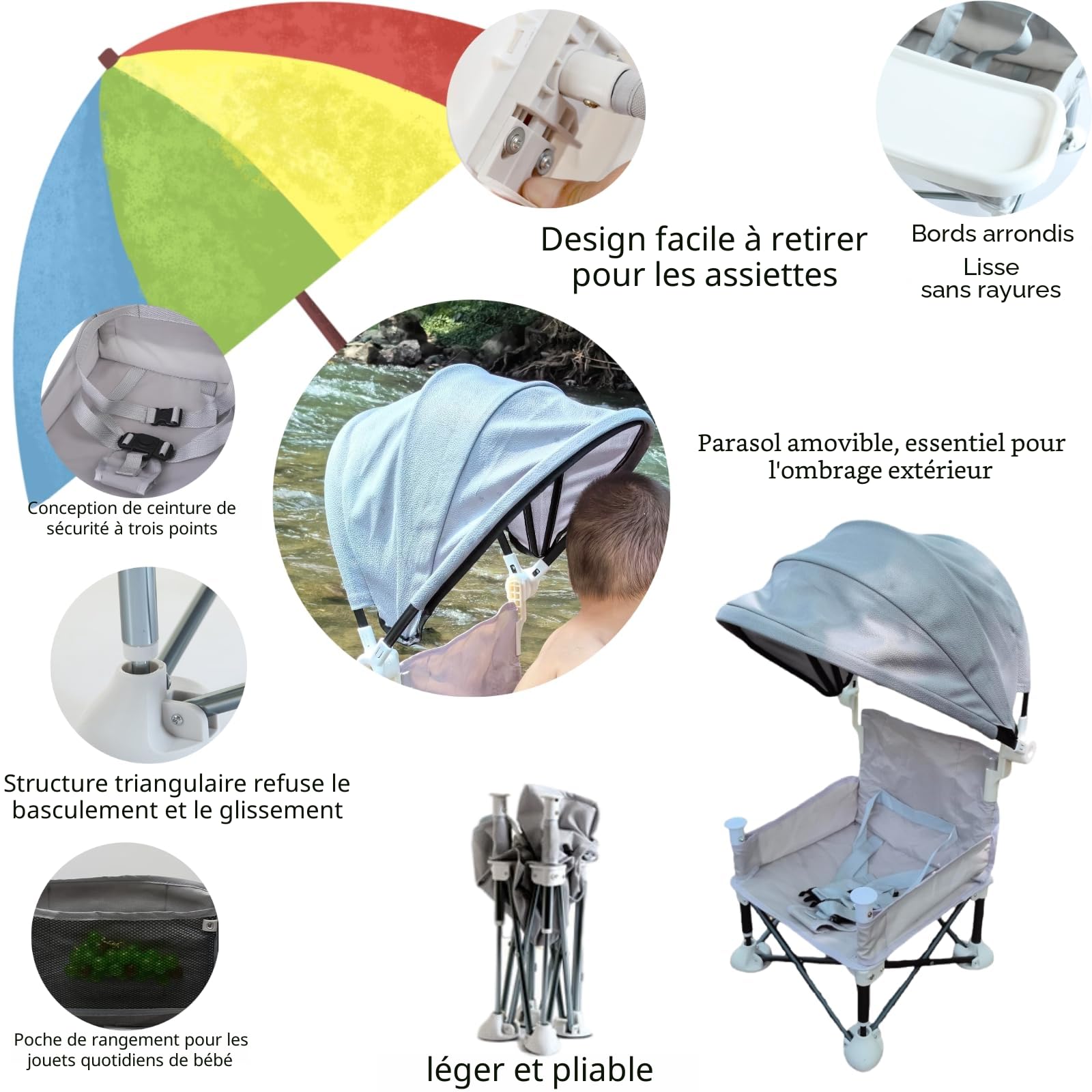 Little Bean Rehausseur Chaise Pliable Et Portable Pour Bebe Enfants Avec Plateau Amovible Pour Voyage et Repas Siège Pour Intérieure/extérieure (Beige)
