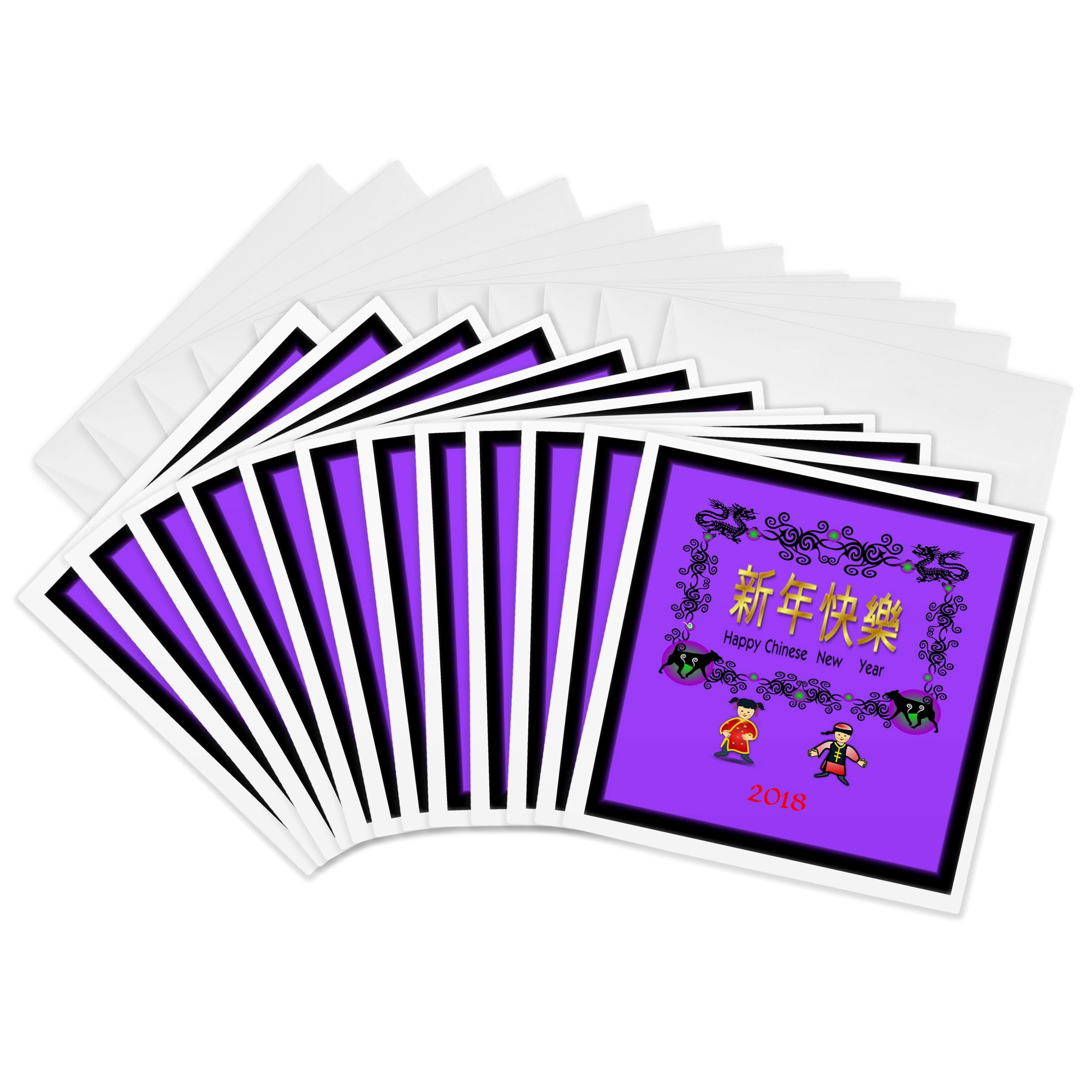 3dRose gc_262605_2 6 x 6-Inch "Image of Happy Chinese New Year with Asian Boy Girl and Dog" Greeting Card (Set of 12)