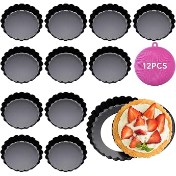 Tart Mould with Lifting Base Pack of 12 Tart Moulds 8 cm / 3 Inches Non-Stick Coating Quiche Moulds Tartelette Moulds Made of Carbon Steel Reusable Cake Base Baking Mould for Baking Egg Cakes