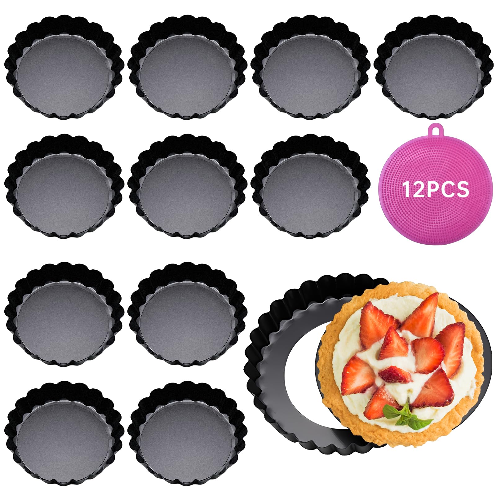 12 Pezzi Stampo Crostata Fondo Amovibile, Teglia per crostate 8cm/3 pollici, Stampi per Crostatine Acciaio al Carbonio, Antiaderenti Forme Per la Cottura di Dolci per Crostatine Pasticci