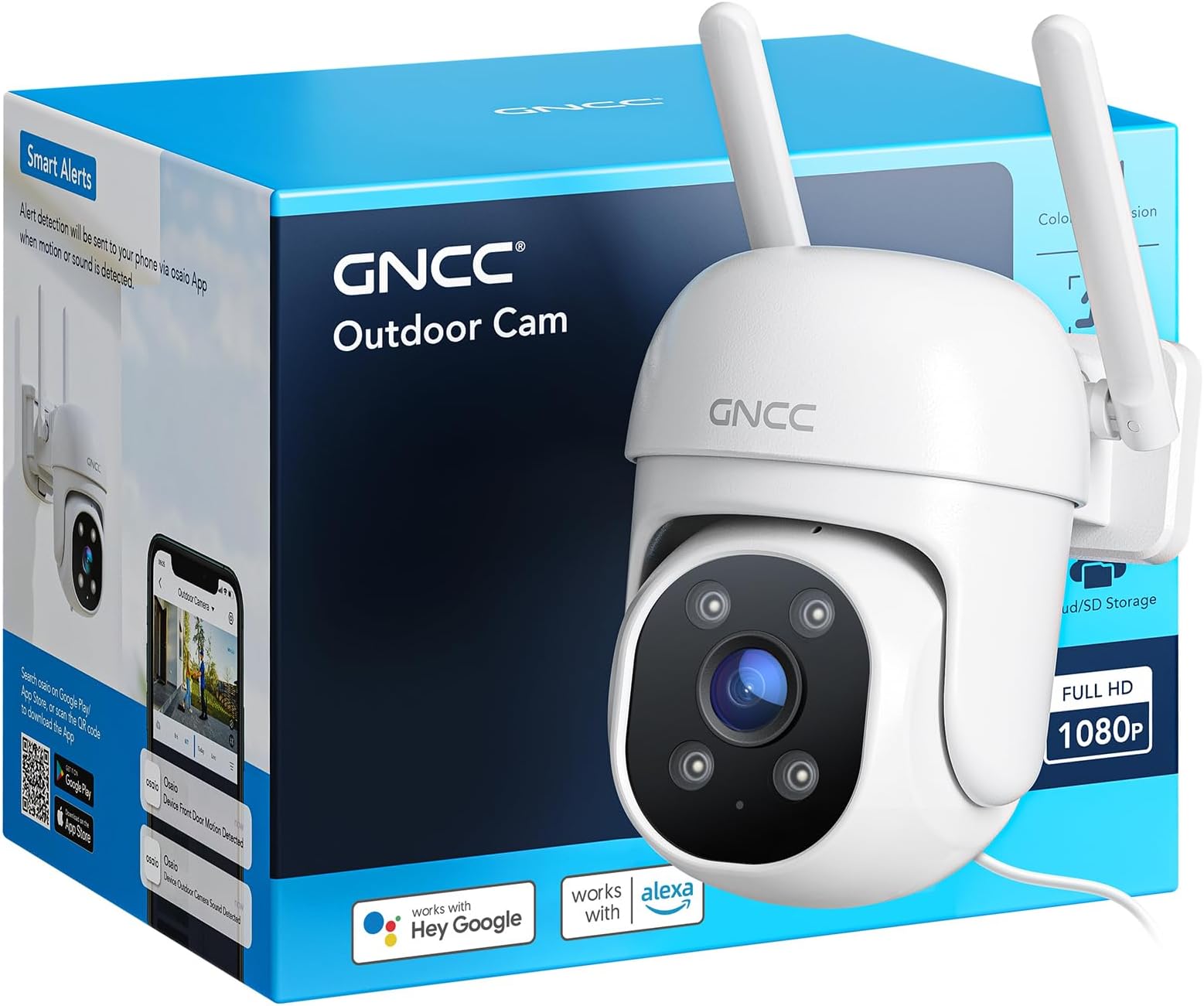 GNCC 1080P Home Security Camera Outdoor Surveillance with AI Motion Detection, IP65 Waterproof, 360ยฐView Pan-Tilt, 2.4G WiFi, Color Night Vision, 24/7 Recording, Two-Way Audio, Cloud & SD Card Storage