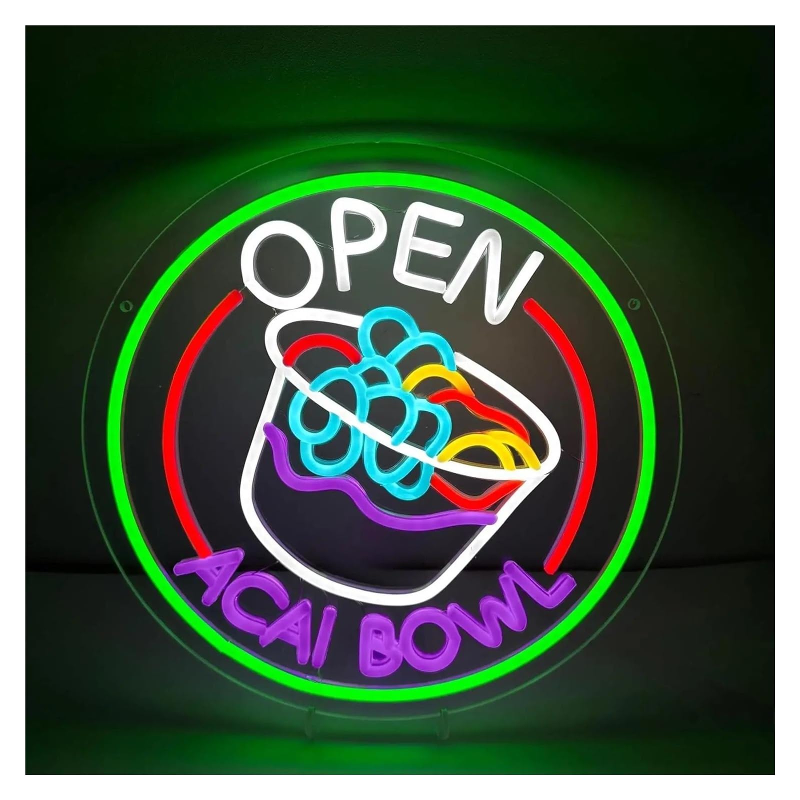 RONGCH Hanging Art Signs Acai Bowl Open Neon Sign LED Light Dimmable for Juice Bar Restaurant Store Shop Market Food Truck Cafe Home Decor 45cmx45cm