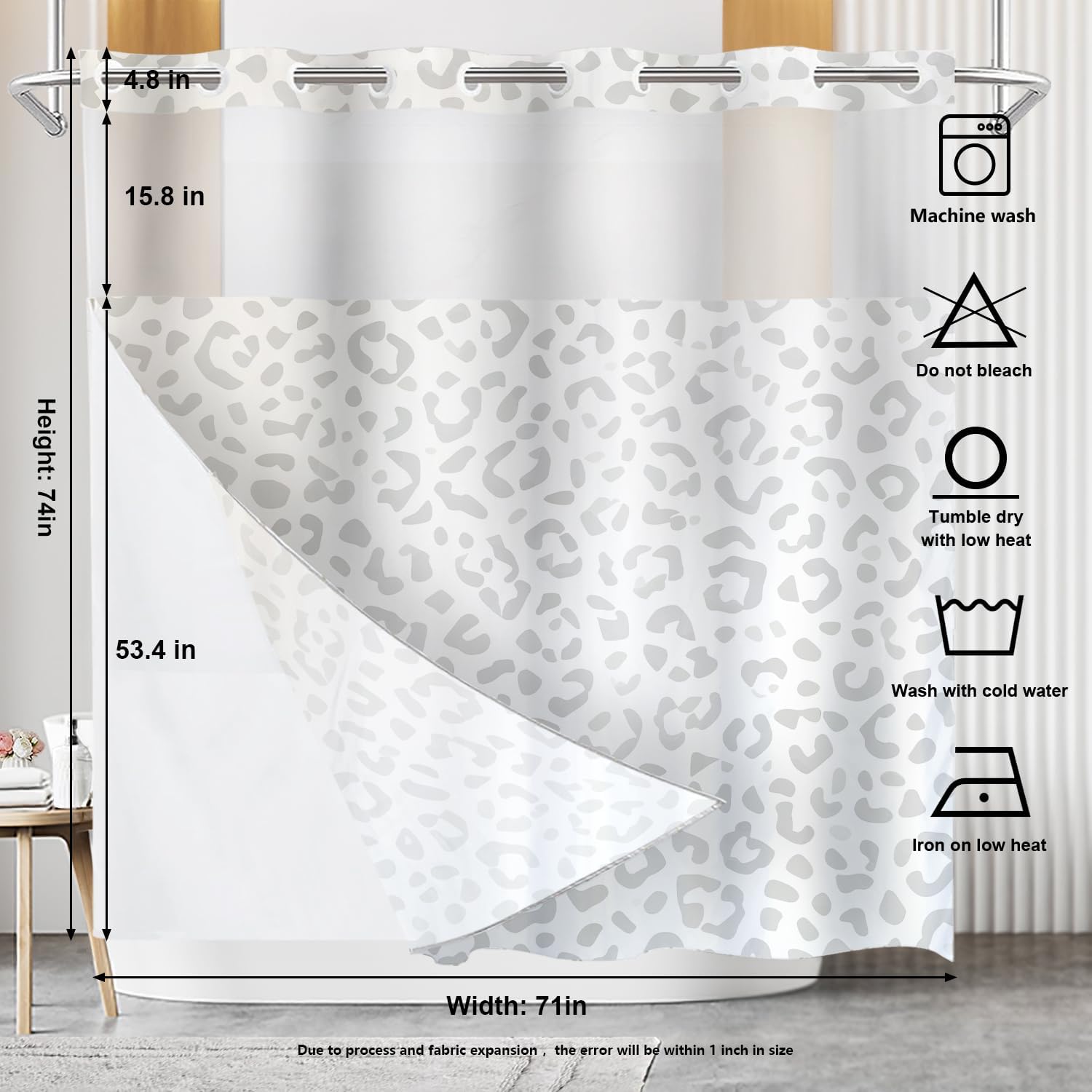 Grey Leopard Print No Hooks Shower Curtain with Snap in Liner Set, Animal Nature Cat Wildlife Fur Polyester Shower Curtain for Stall Bathroom Waterproof 71X74 Inch